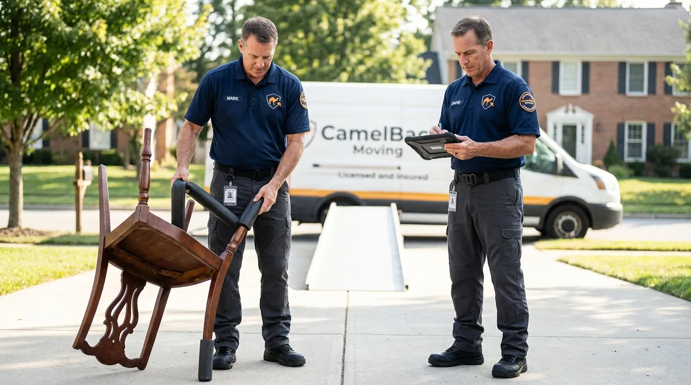Movers inspecting furniture for damage prevention before loading in Shippensburg, PA