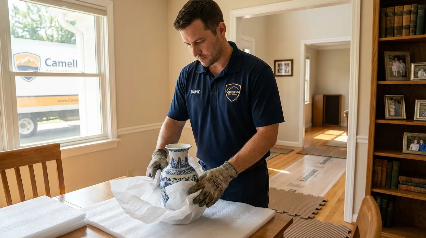 Professional crew carefully wrapping antique vase for senior downsizing move in Shippensburg, PA